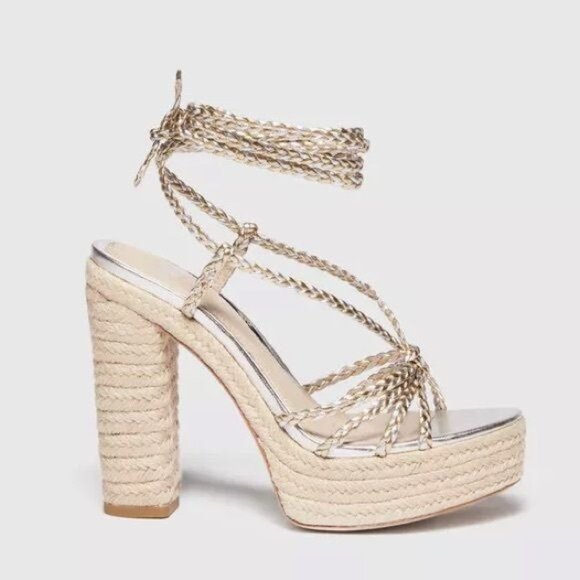 Paige Carson Braided Metallic Ankle WrapPlatform Block Heel Sandal Platinum 8.5 - Picture 2 of 13